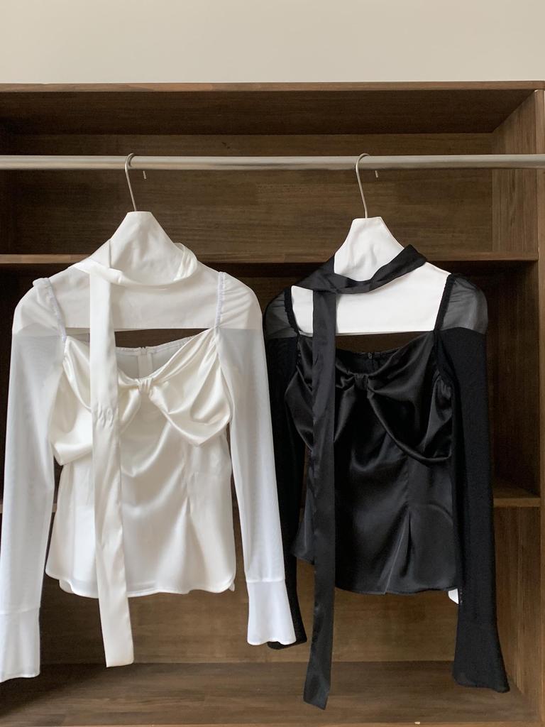 Spring 2026 Women's Slim French Bow Satin Bandeau Chiffon Shirt
