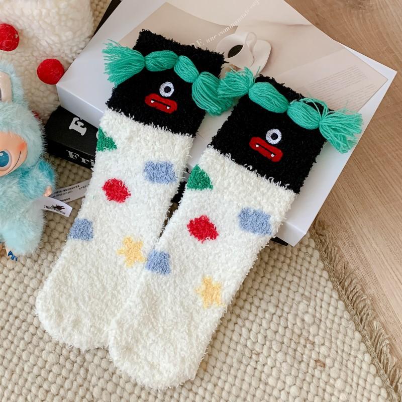 Cartoon Sausage Dog Coral Fleece Socks For Women Middle Tube Thickened Sleep Socks Home Floor Socks