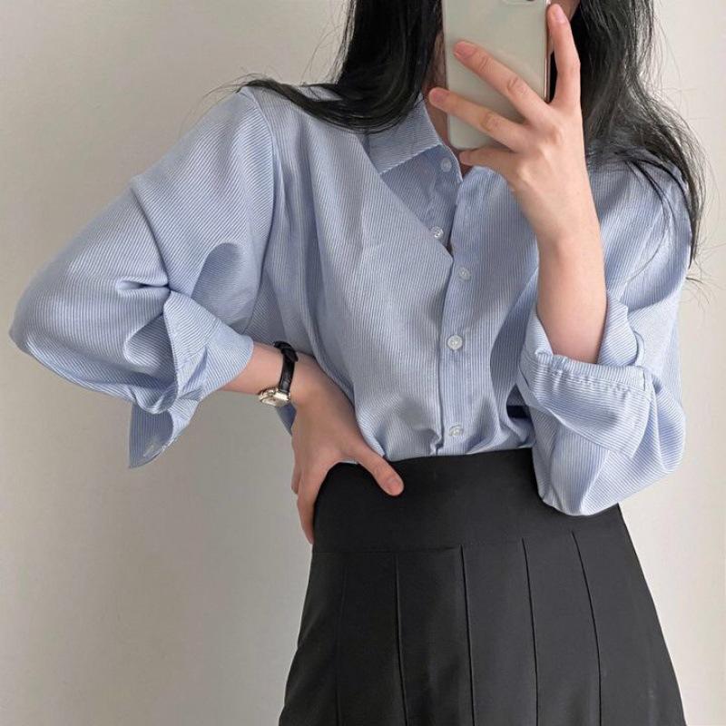 Korean chic retro striped polo collar long-sleeved shirt loose lazy cardigan women's top shirt