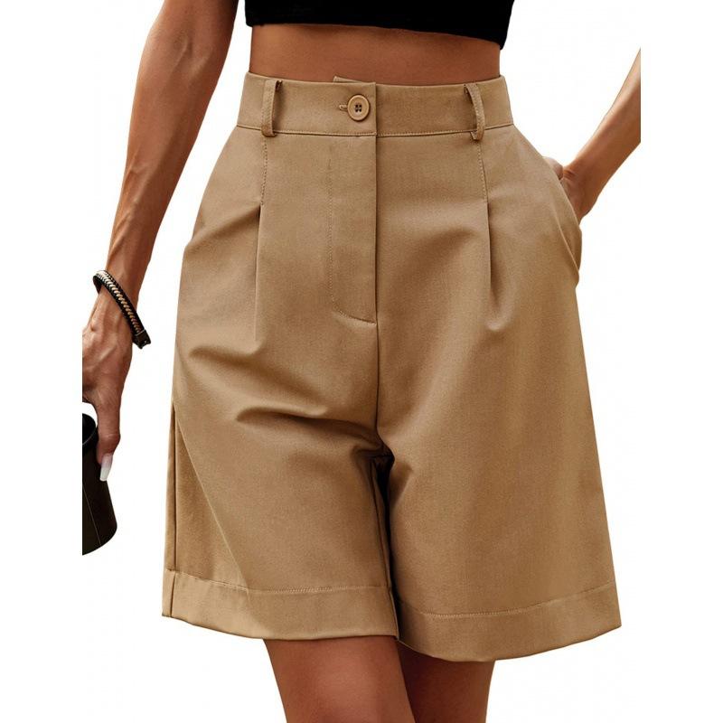 Pantaloncini Estivi da Donna Elastici Vita Alta Tasche Laterali Ampie Dritti Morbidi Monocolore Traspiranti Casual da Ufficio