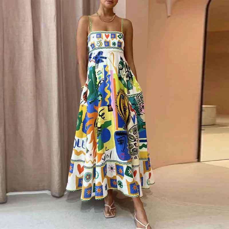 

Sleeveless High Waist Printed Spaghetti Strap Swing Dress for Women Large