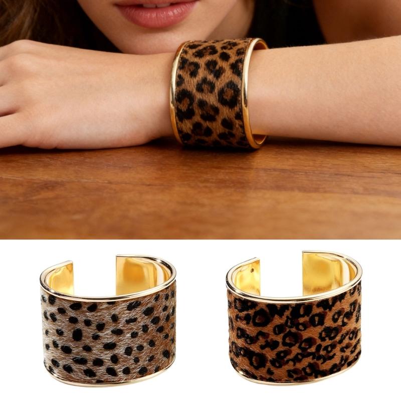 Adjustable Leopard Print Wide Cuff Bracelet Flocking Texture Wristband For Comfort Alloy Construction Stylish Wear