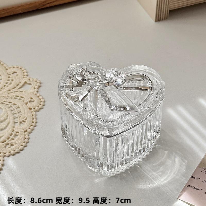 Heart Shape Clear Glass Jewelry Box with Bow, European Vintage Relief Decorative Organizer for Home Vanity