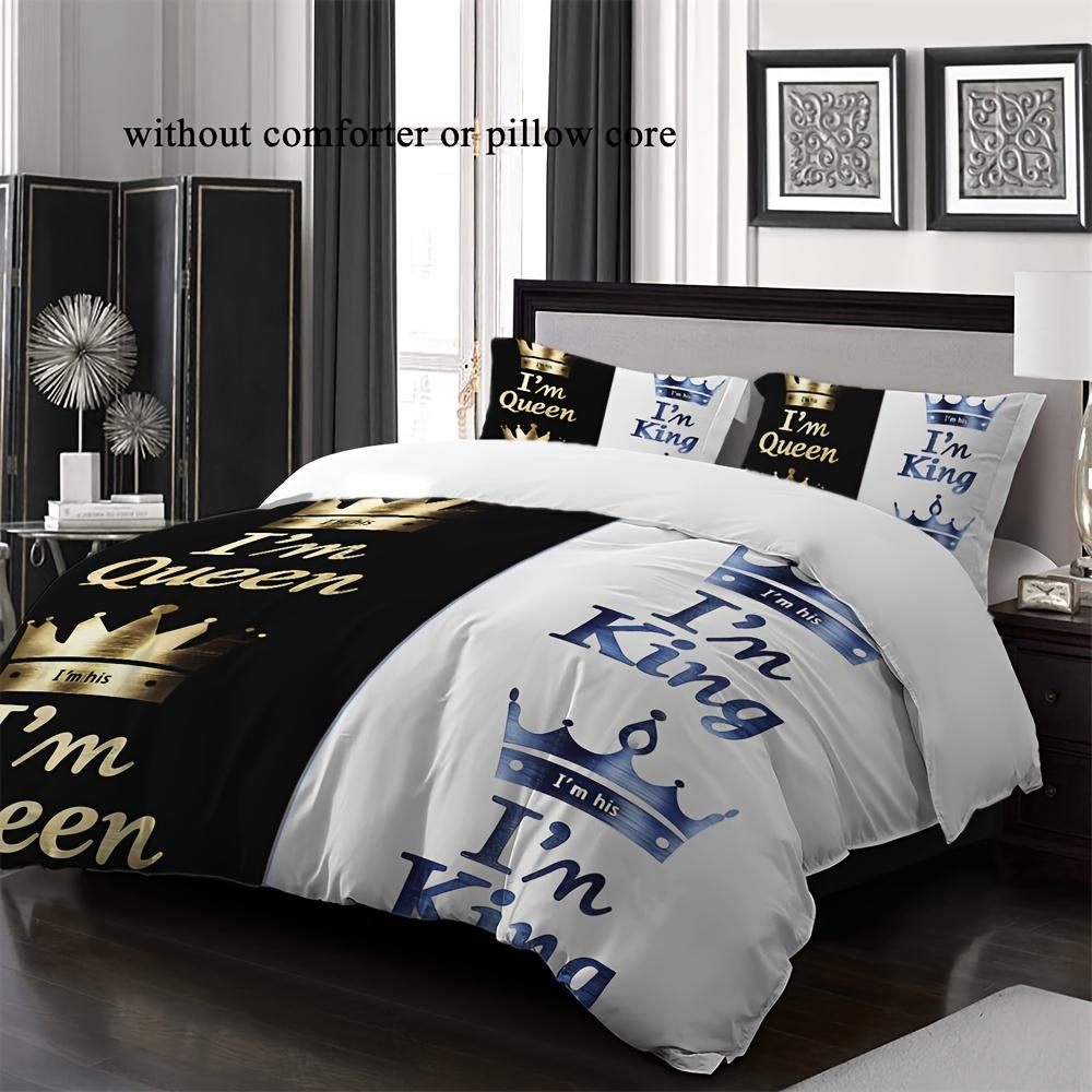 2/3Pcs Luxury Crown Letter Print Duvet Cover Set (1 Duvet Cover + 1/2 Pillowcase, Without Core), Fashionable Couple Bedding Set