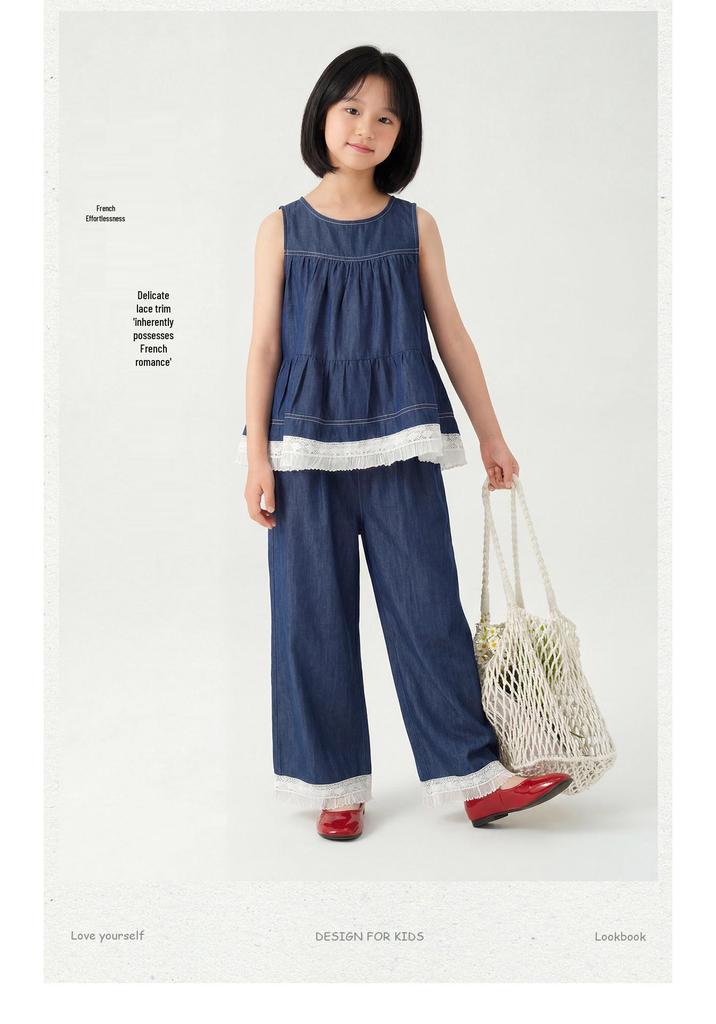 Retro Summer Lace Patchwork Denim Set - Sleeveless Vest & Wide-Leg Pants