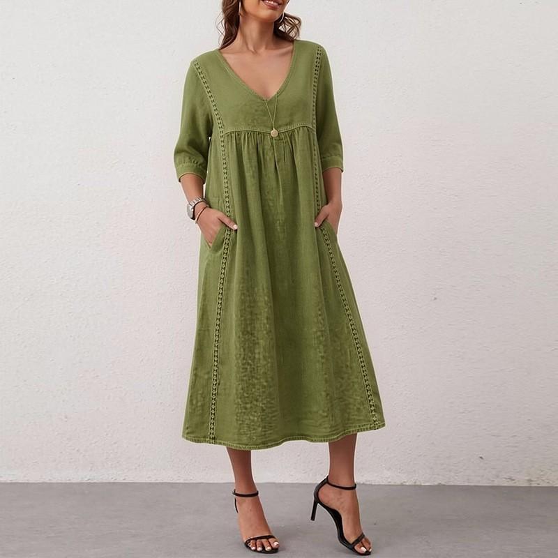 New European American Fashionable Casual Loose V-neck Solid Color Dress L