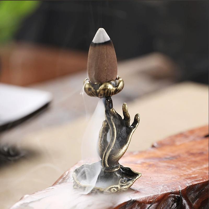 1 Piece Small Buddha Hand Backflow Incense Burner Metal Sandalwood Copper Cone Censer Lotus Mini Home Decor Ornaments