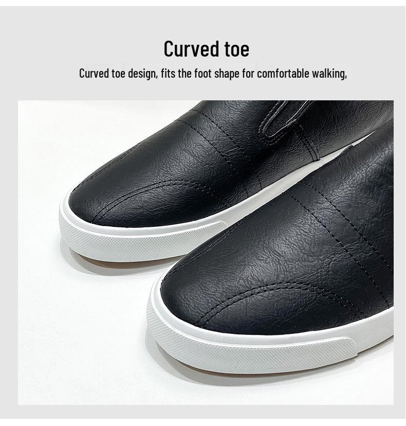 Men's White Casual Slip-On Leather Shoes – Elastic, Low-Top, Lightweight Rubber Flats for All Seasons.