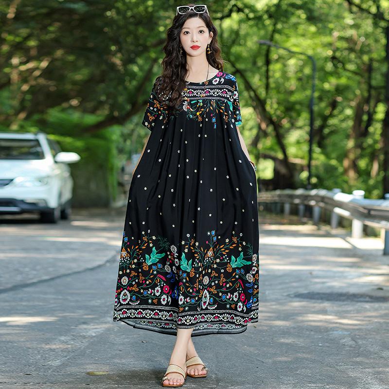 

Новое богемное этническое летнее хлопково-шелковое платье с коротким рукавом свободного фасона большого размера искусственный хлопок длинная юбка xl [recommended 45-60kg ]