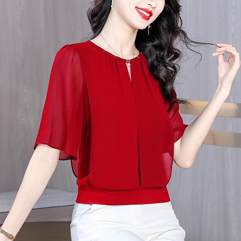 Summer Clothing Half Sleeve Chiffon Blouse Fashion Loose Women Tops Solid Color Casual Pullovers Shirt