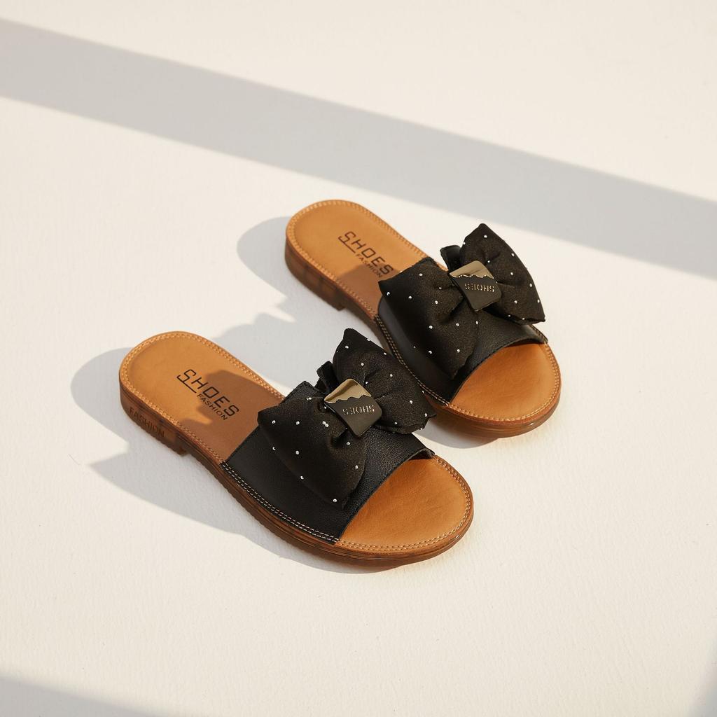 Fashion Cow Leather Sandals 2025 New Women's Slippers Bow Large Size 35-43 Beef Tendon Sole Soft Sole Geunine Leather Slippers