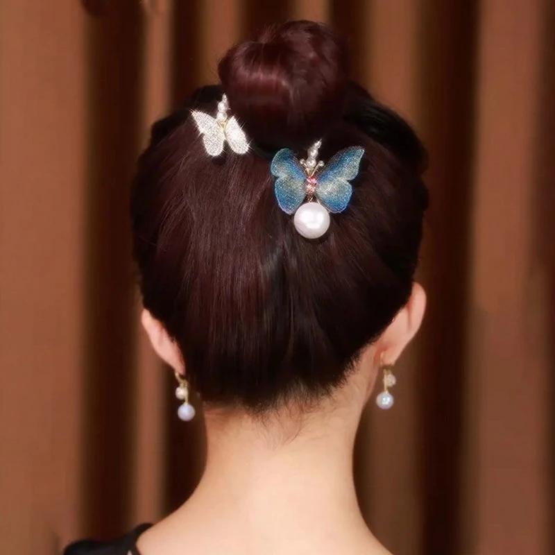 Butterfly Pearl Ponytail Clip Elegant Hair Accessories for Women Temperament Ball Hair Clip Metal Barrettes Headdress Head Buckle