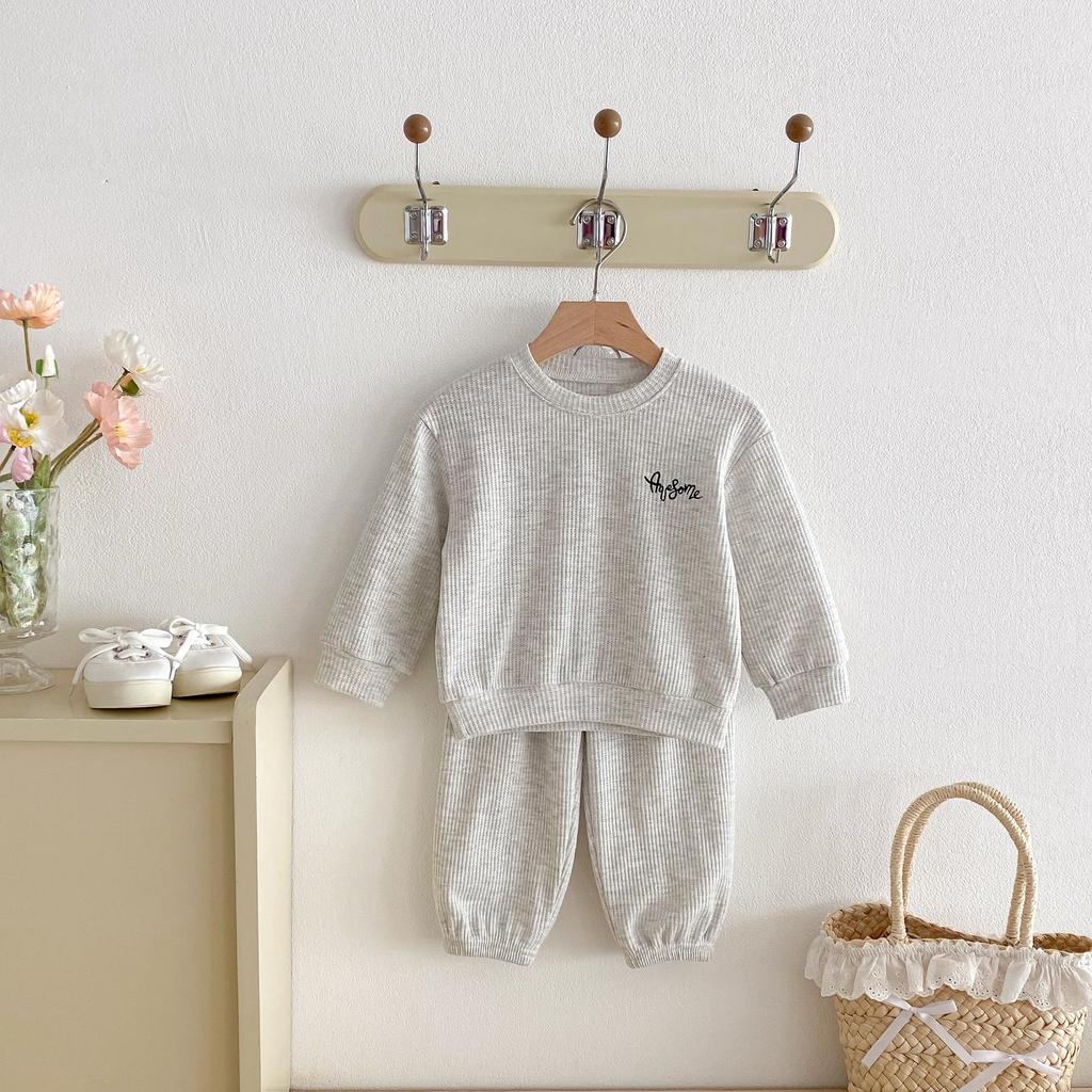 Spring Arrival: Unisex Waffle Knit Two-Piece Set for Toddlers & Kids with Letter Embroidery - Korean Style Home Wear