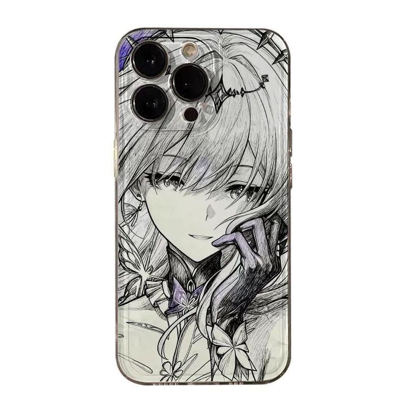 Anime Girl Pencil Sketch Clear  Phone Case for iPhone 17 16 15 14 13 12 11 16E Series Pro Max Plus Double Layer Protection