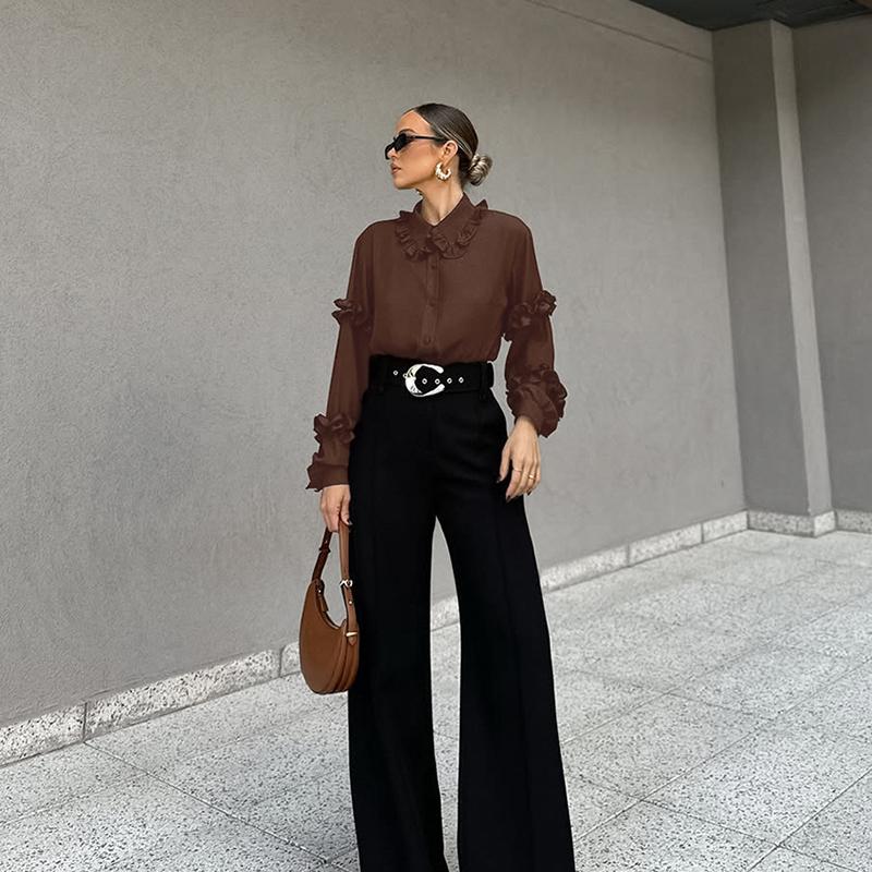 Spring Autumn Fashion Women's Cotton Blouse Long Sleeve Lantern Sleeve Ruffle Accent Loose Fit Chic Top Elegant Everyday Shirt