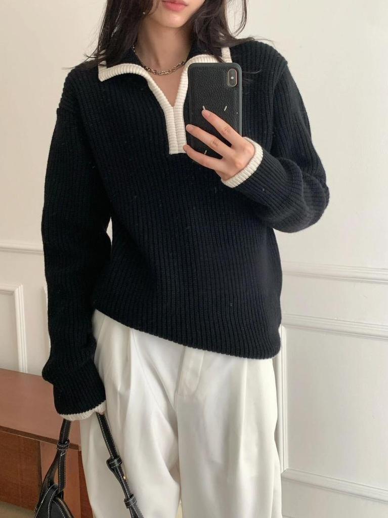 Longmei Women's Wool Sweater: Loose, Contrasting Trim, Korean Style, for Autumn/Winter 2026.