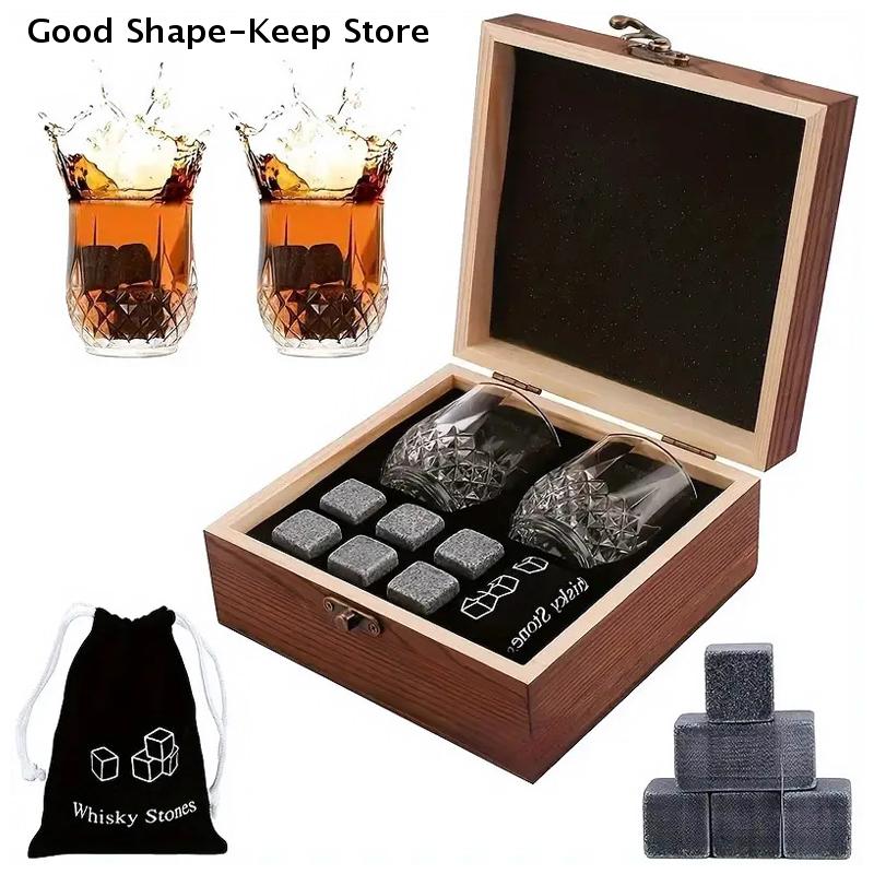 Set 8 Pcs Granite Ice Cubes+ 2 Pcs Cups For Whisky In Wooden Bottle Box Present For Dad Father'S Day Gift For Men Whiskey Stones