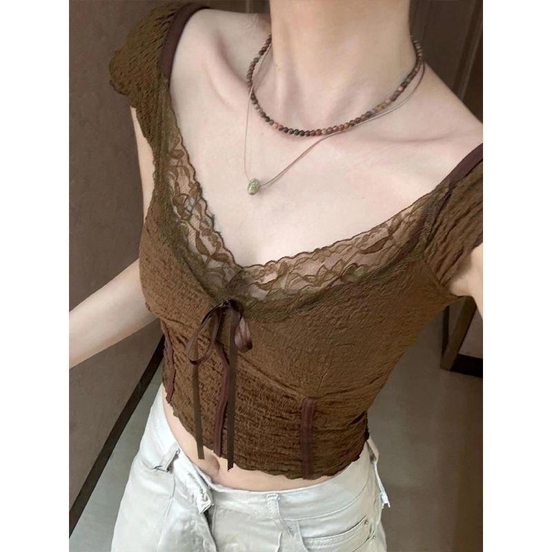 Pure desire short temperament lace V-neck top front shoulder short-sleeved T-shirt women's summer slim and thin Spice girl lace-up top