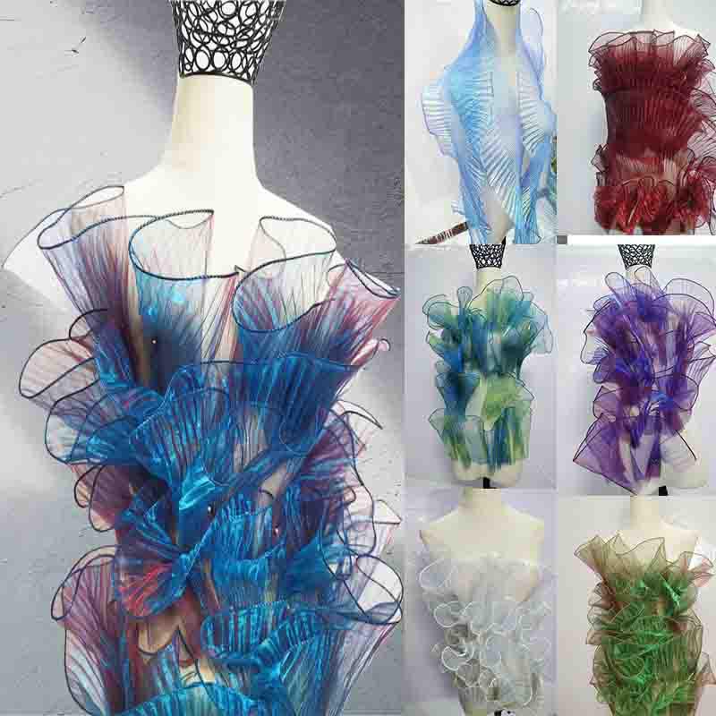Metallisch Plissiertes Rüschenkantenband Mesh-Stoff Laser-Organza Transparenter Stoff für DIY Nähen Bühnenkleidbesatz Handwerk