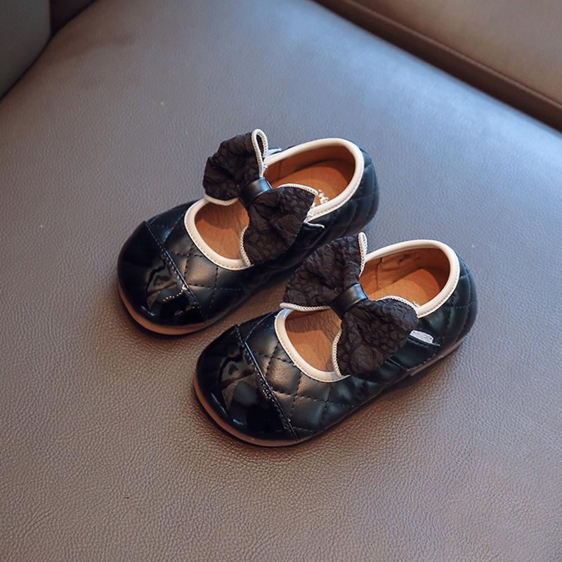 Children's Leather Shoes Spring Autumn Patchwork Girl Princess Shoes with Bowtie Fashion Kids Causal Non-slip Flats Soft Bottom