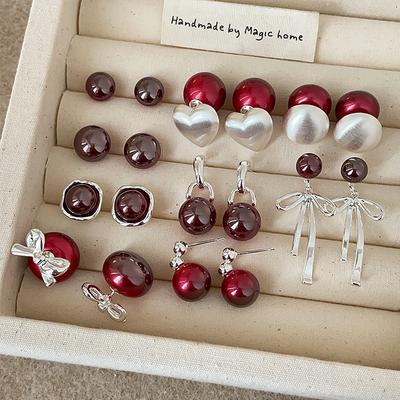 Cold Gray Red Light Pearl Stud Earrings Collection Women'S Light Luxury Niche Fashion Exquisite Versatile Earrings