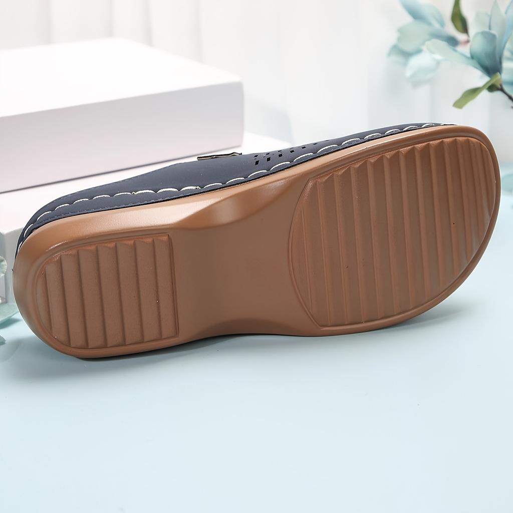 Womens Faux Leather Solid  Round Toe Flat Heel Wedge Sandals Comfortable Slip-on Buckle Strap Design, Soft Faux Leather Insole