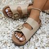 Large size slippers cork bottom cool slippers summer new soft leather double-breasted retro thick-soled slippers