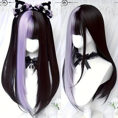 Peruca sintética longa e reta feminina de 22 polegadas, fibra de alta temperatura, boné de rede rosa ajustável, adequado para todas as pessoas - peruca de fantasia de cosplay de anime