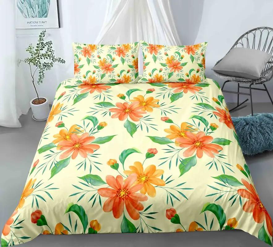 3D Flower Printed King Queen Duvet Cover Orange Beautiful Floral Bedding Set For Girl Women Plant 2/3Pcs Polyester Quilt Cover