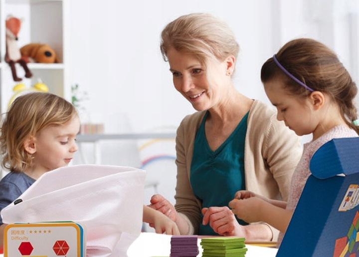 Drewniane Puzzle Do Układania Klocki Tangram Zestaw Montessori Woreczek