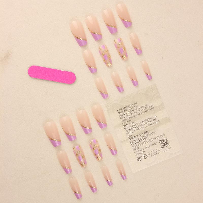 Purple Gold Glitter Medium-Long Luxury Nail Pieces with Jelly Glue