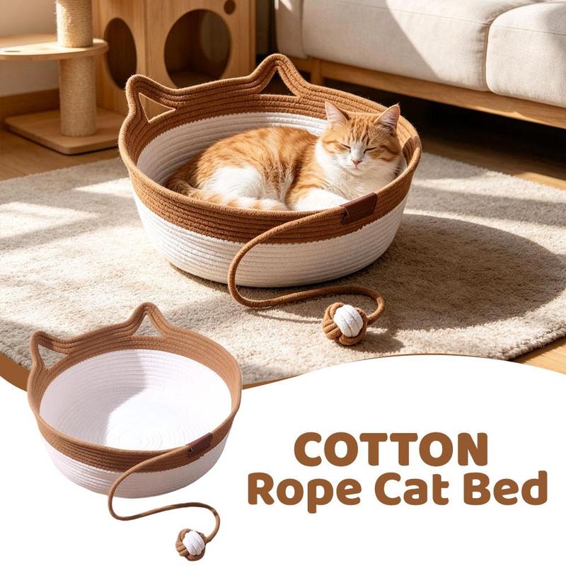 Caramel Handwoven Cat Bed Cotton Rope Basket with Toy Ball Durable Scratchable Resting Nest for Kittens Indoor Cats