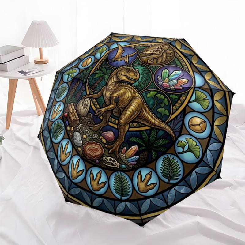 Dinosaur Glass Art Pattern Umbrella, Portable and Foldable Design, 8 Ribs, a Casual Accessory for Halloween, Christmas, and Birthday Gifts.
