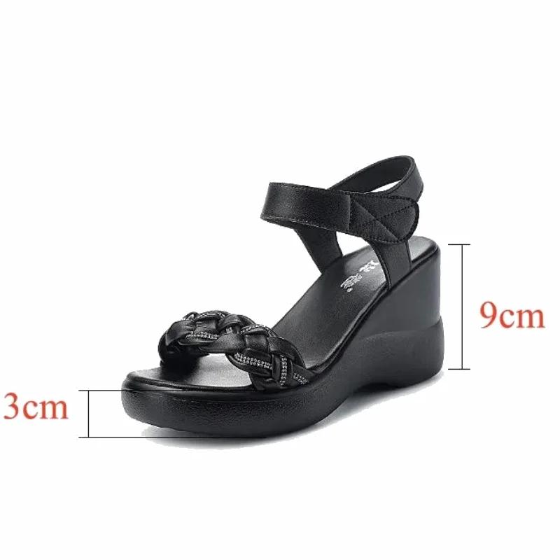 9cm Small Size 33-43 All Match Rhinestone Soft Leather Sandals Platform Shoes 2025 Summer High Heels Wedges Sandals Office Mom
