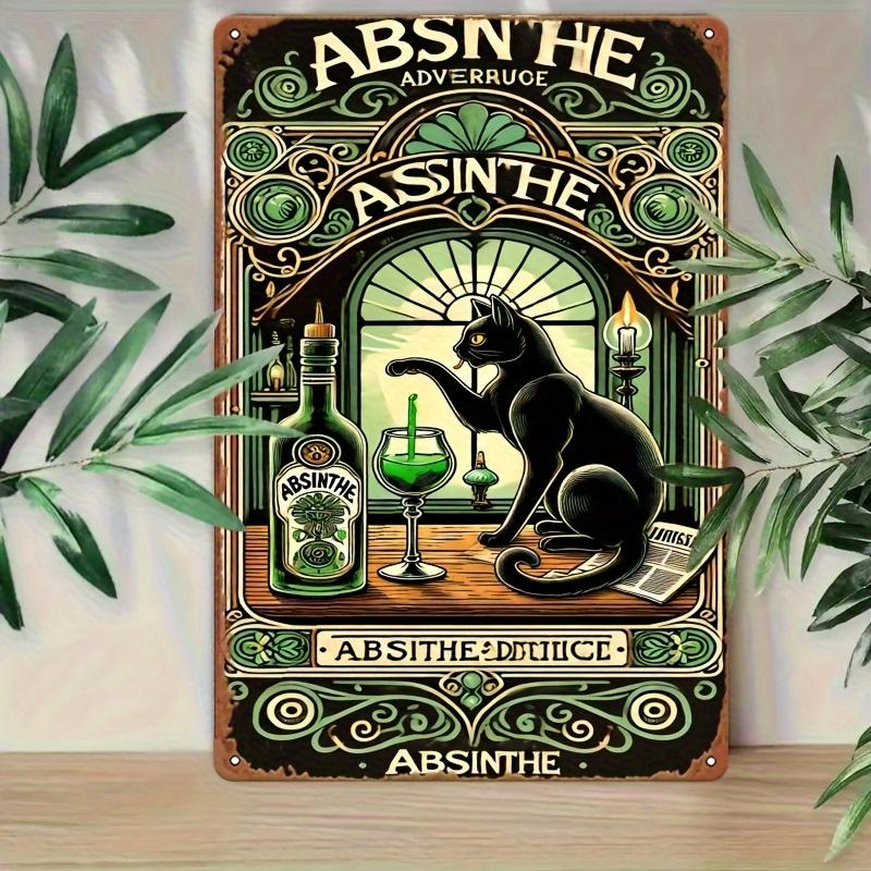2D Flat, 2D Wall Art 1pc, Cat And Absinthe Art Illustration Vintage Metal Tin Painting, Art Decoration, Easy Installation, 7.8X1
