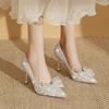 2026 New Shiny Bow Crystal Wedding Shoes Fairy Style Pointed Toe Shallow Mouth Stiletto Single Shoes