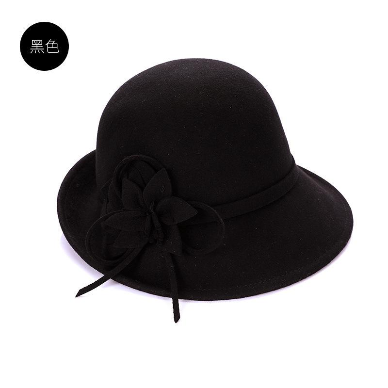 Autumn and winter upturned flower woolen hat lady elegant retro British style shopping hat wide-brimmed hat