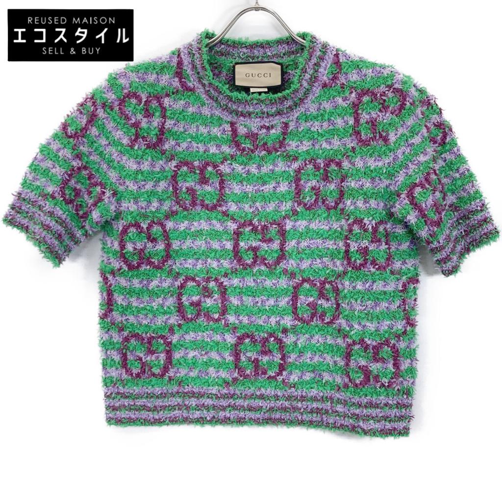 Gucci 695796 Green X Purple Cotton Maxi GG Short Sleeve Knit Tops S Green/PurpleUsed