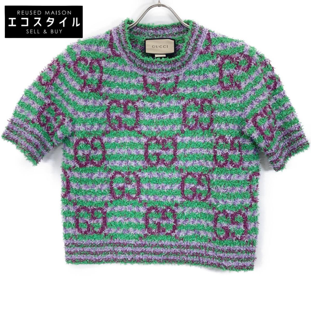 

GUCCI 695796 Green x Purple Cotton Maxi GG Short Sleeve Knit tops S Green/PurpleUsed