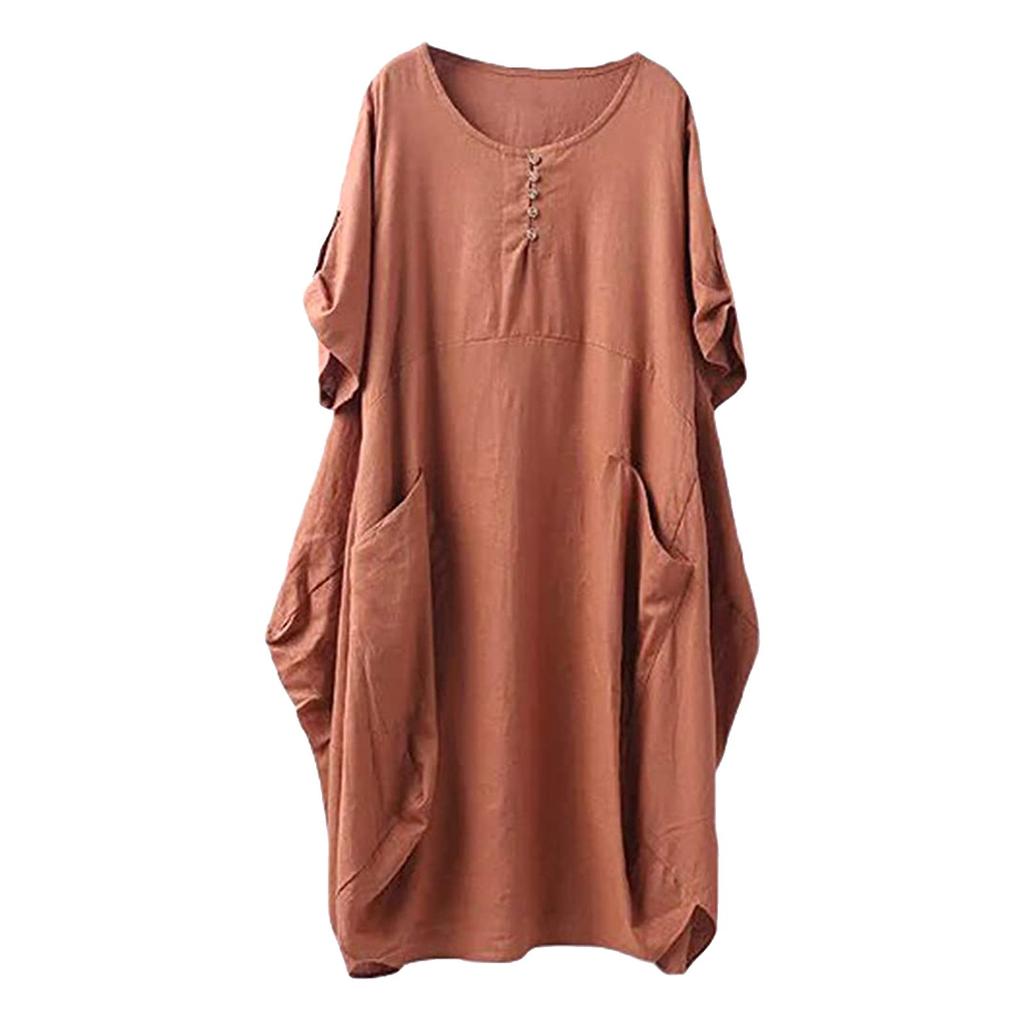 Women's Fat MM Linen Plus Size Lantern Skirt Round Neck Waist Dress