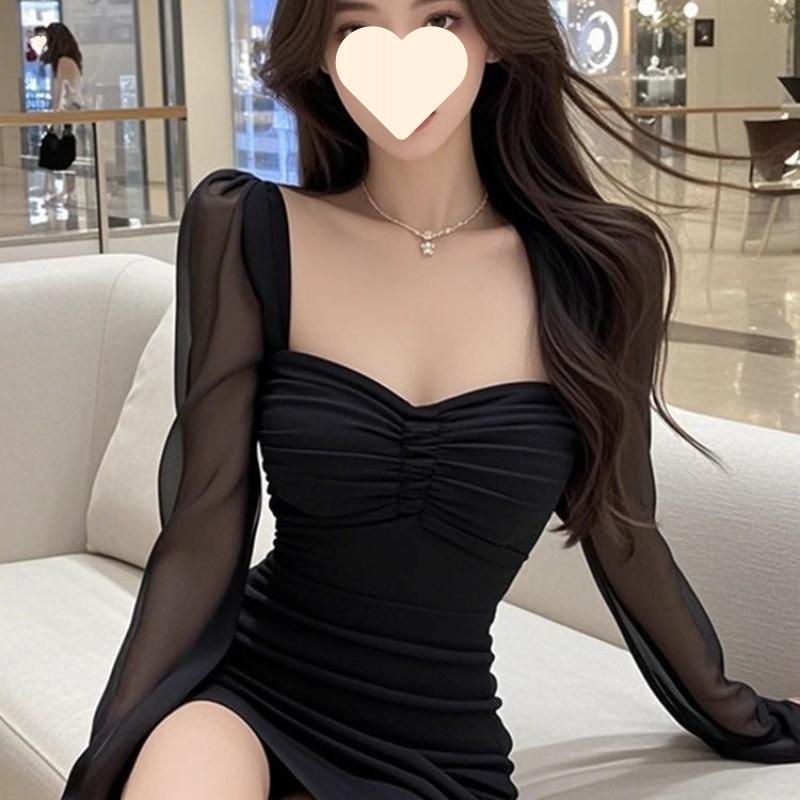High-end mesh splicing square neck dress, women's pure desire style slim-fitting inner hip-wrapped short skirt