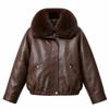 Women's Autumn Winter PU Leather Jacket, Quilted Lining Thickened Warm Cold-proof Detachable Big Faux Fur Collar Leather Coat