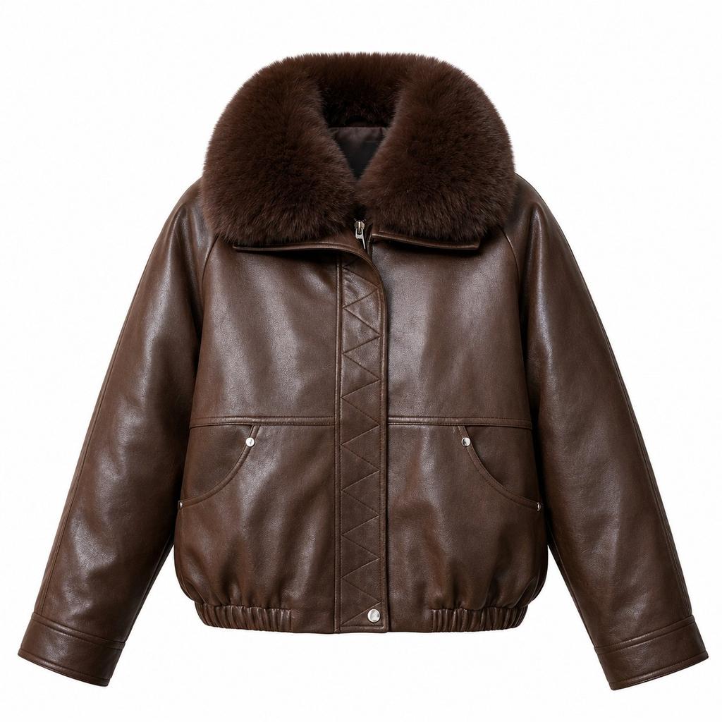 Women's Autumn Winter PU Leather Jacket, Quilted Lining Thickened Warm Cold-proof Detachable Big Faux Fur Collar Leather Coat