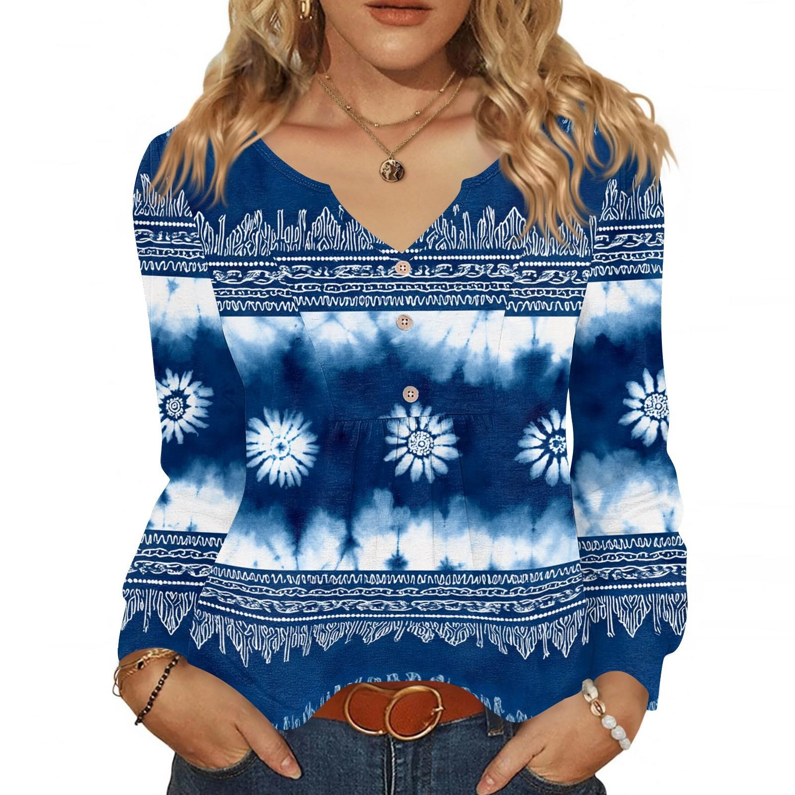 

Женская модная повседневная блузка с V-образным вырезом на пуговицах, с длинным рукавом, пуловер, футболка, топ S