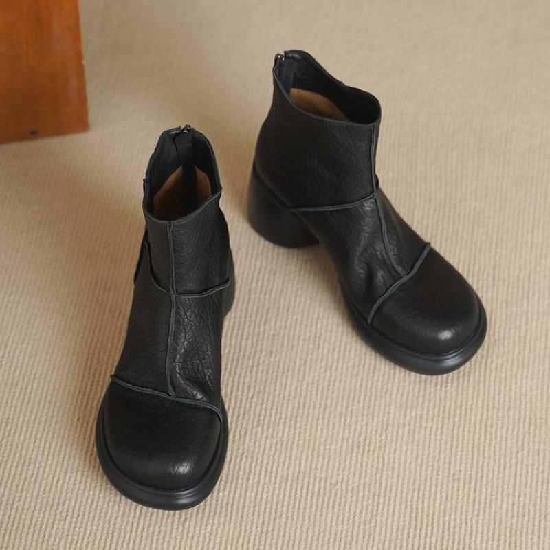 Autumn and winter women's leather boots medium heel sheepskin large size women's boots rear zipper thick sole new versatile leather low boots women