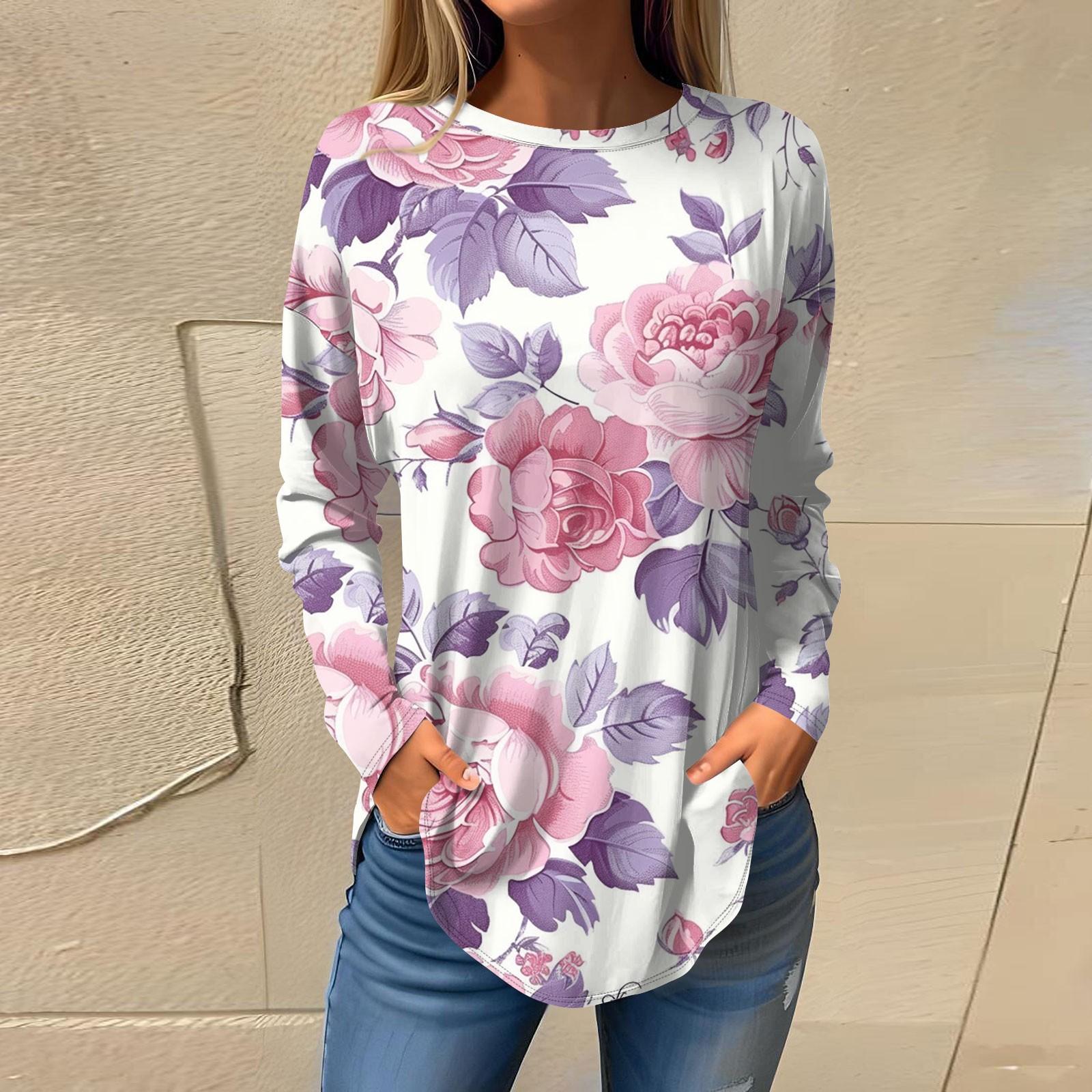 

Women s Fashion Casual Round Neck Floral Long Sleeve T-shirt Pullover Long Sleeve Top XL