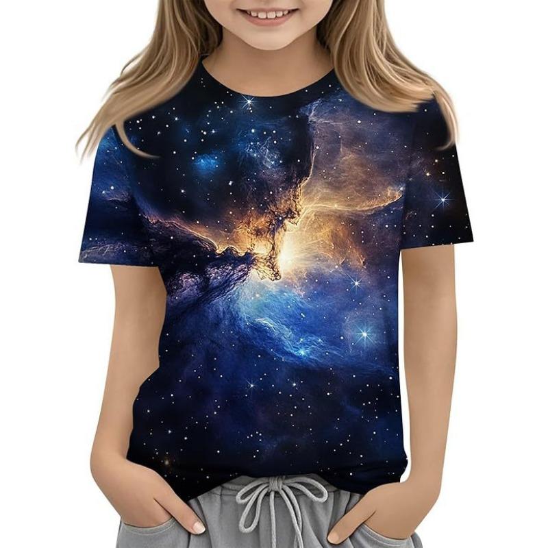 Girls T Shirts Summer Casual Starry Sky 3D Printed Short Sleeved Round Neck Children's T-shirt