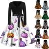 Women Long Sleeve V Neck Dress Vintage Halloween Print Midi Dress with Waist Tie Retro Casual Fit and Flare Dress for Daily Wear
