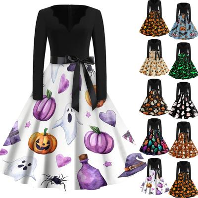 Women Long Sleeve V Neck Dress Vintage Halloween Print Midi Dress with Waist Tie Retro Casual Fit and Flare Dress for Daily Wear