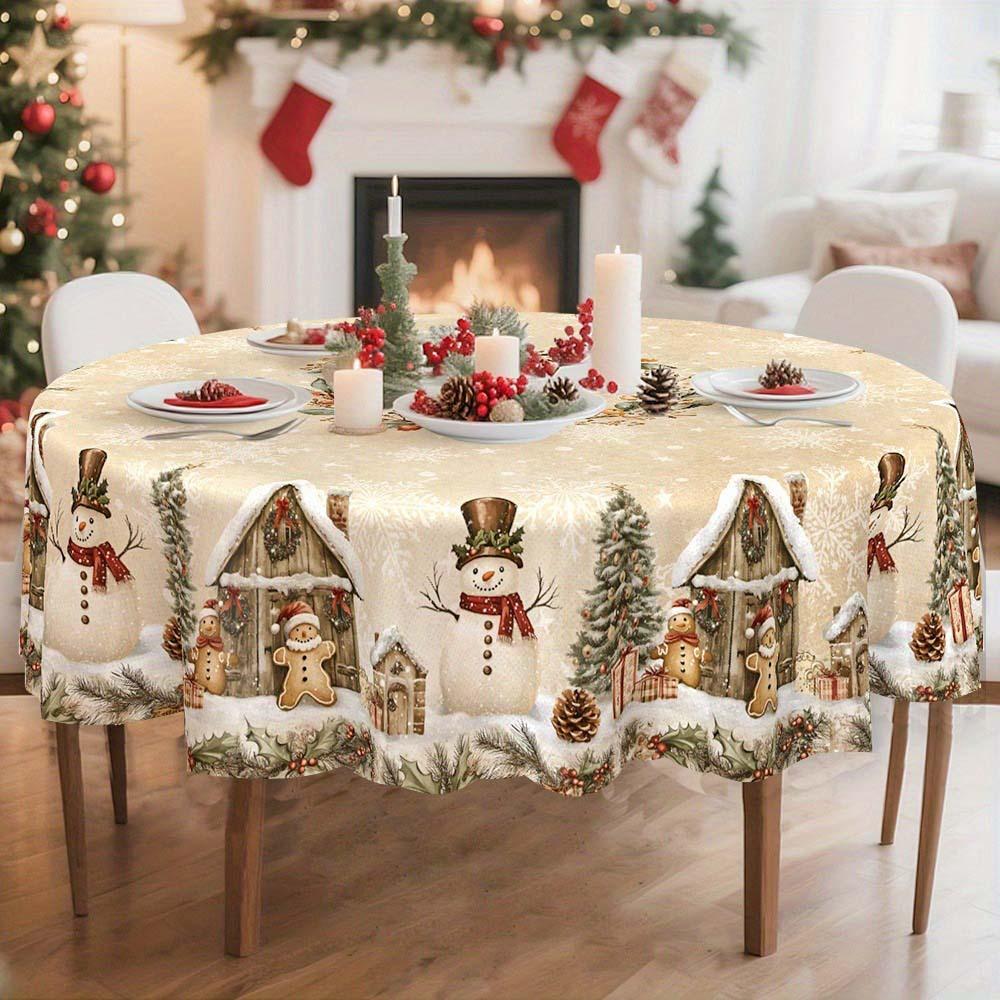 Round Christmas Tablecloth Santa Nutcracker Snowman Print Holiday Dining Table Cover Dustproof Home Decoration 150cm